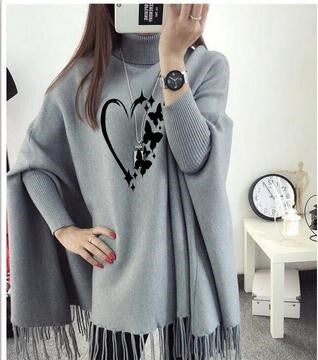 Women's Polyester Heart Printed Poncho Cape Shawl